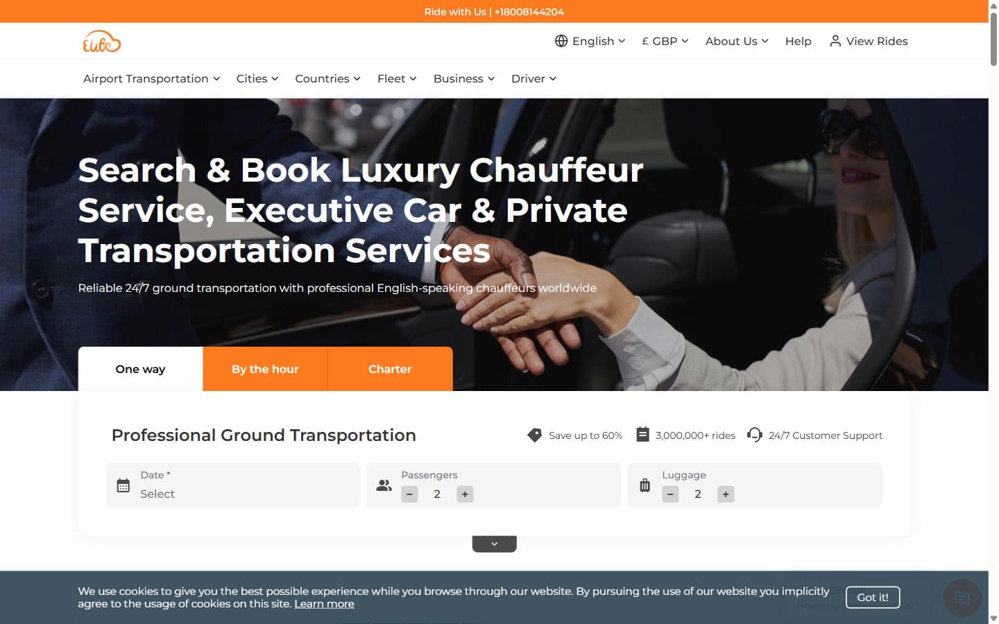 ElifeLimo luxury chauffeur and private transportation booking homepage