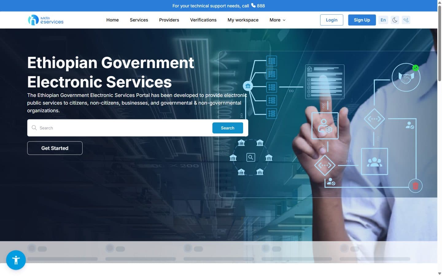Ethiopian eService government portal homepage with service search, login, and citizen access