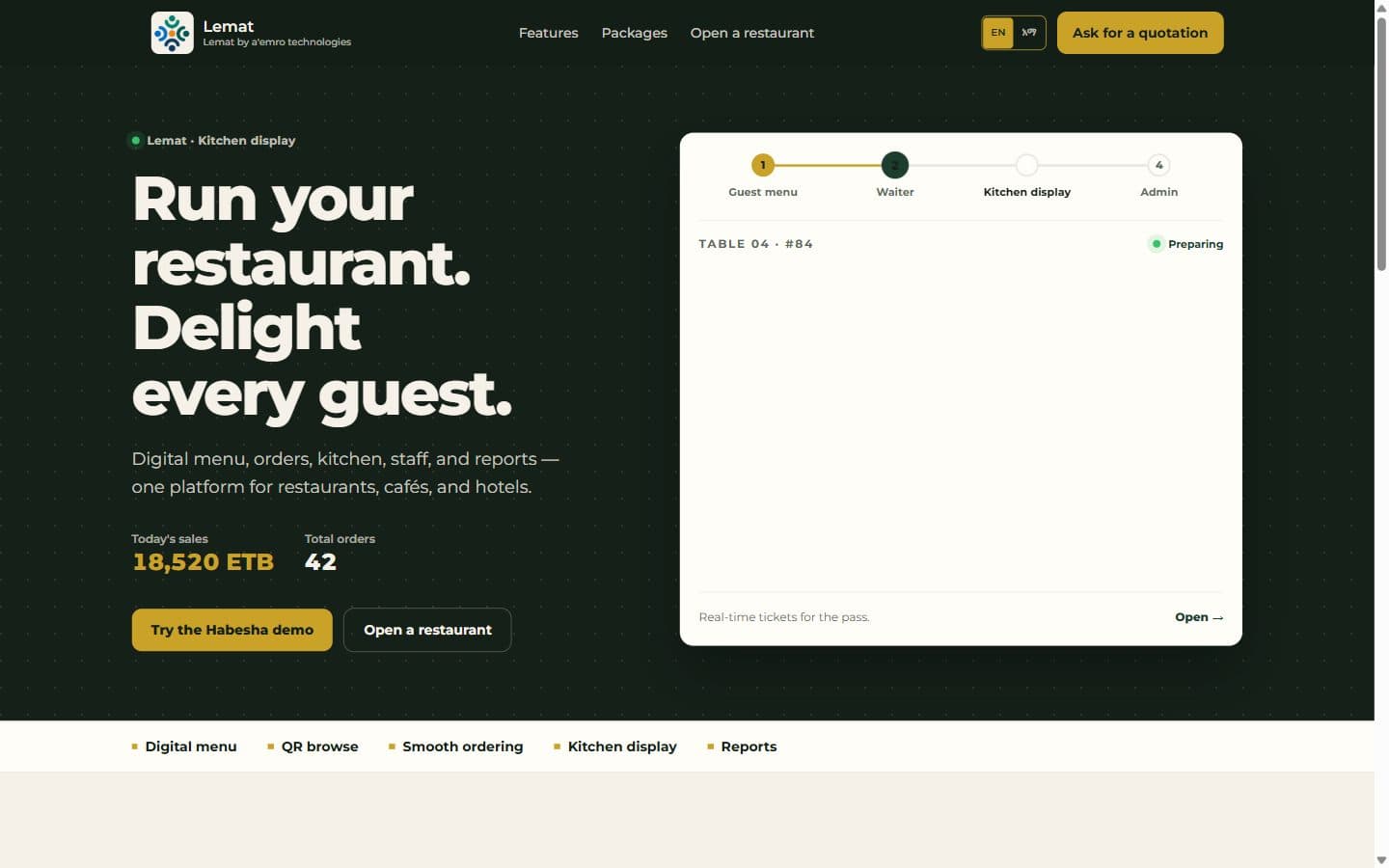 Lemat restaurant platform homepage showing digital menu, kitchen display, and restaurant operations