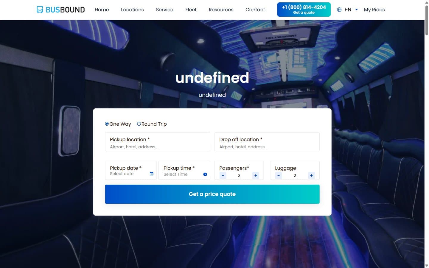 BusBound charter and party bus rental homepage with quote booking form