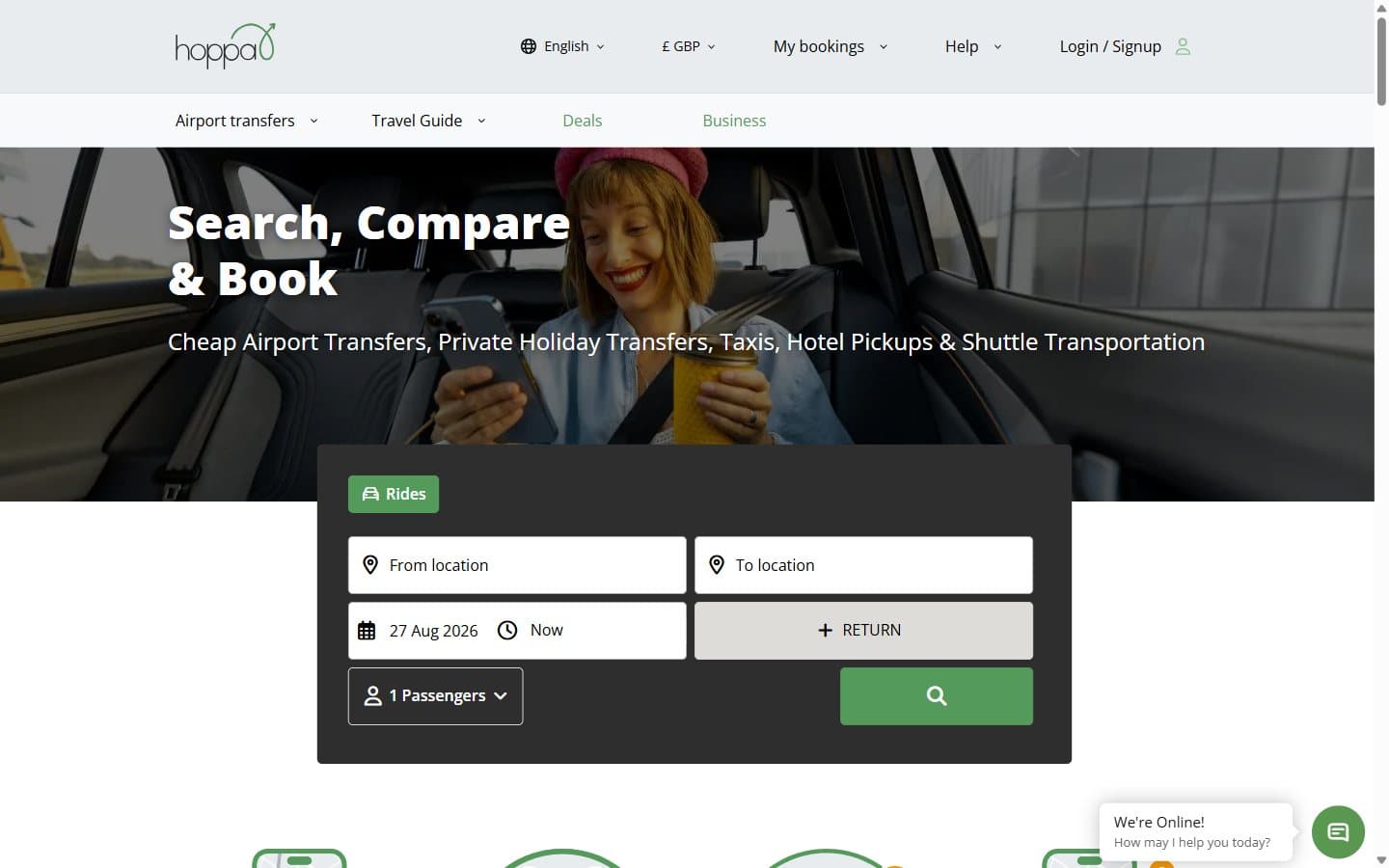 hoppa airport transfer booking homepage with search, compare, and book flow